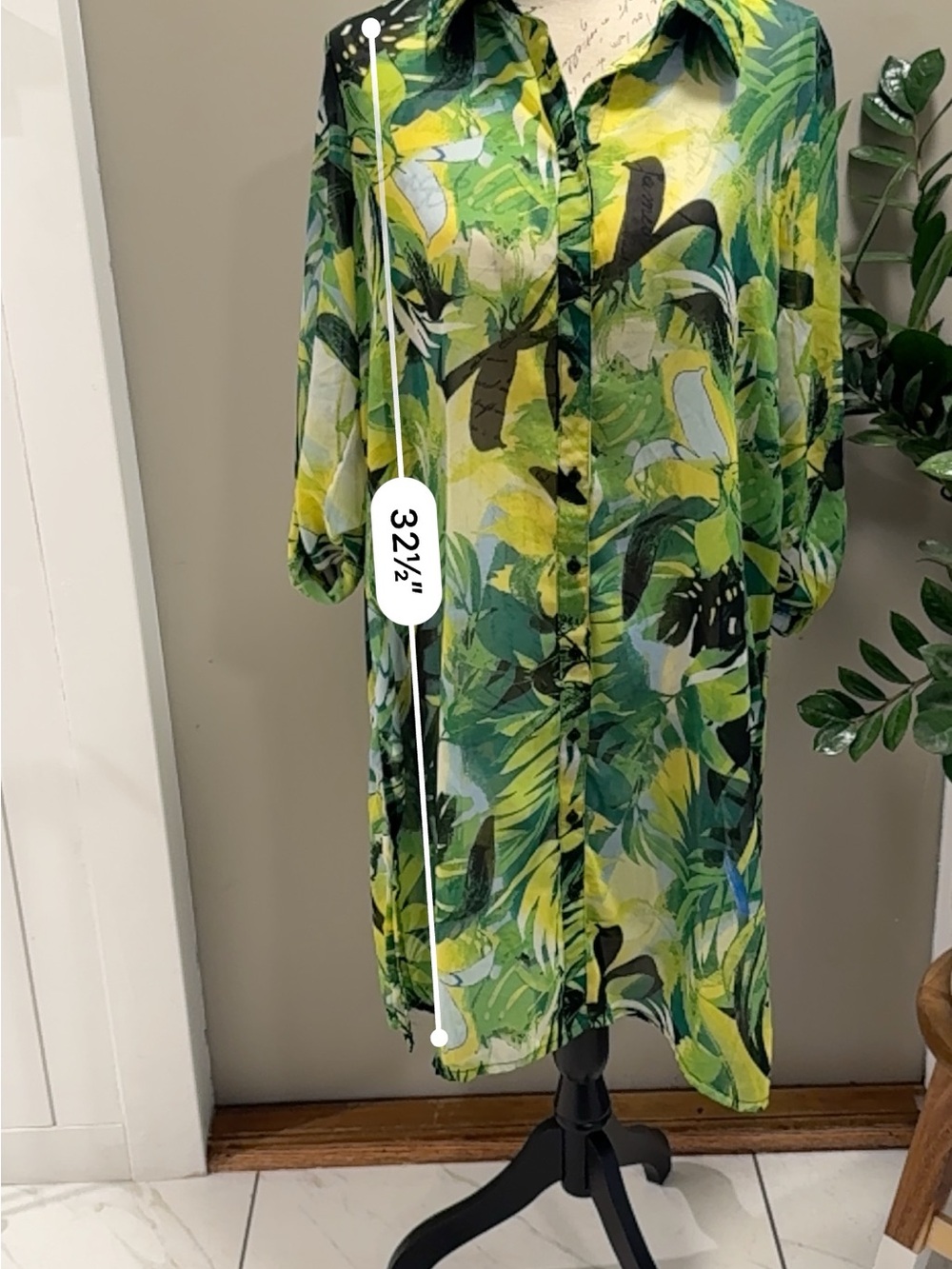 Live for Truth Tropical Leaf Print Tunic  Shirt Dress Green Yellow Size Large